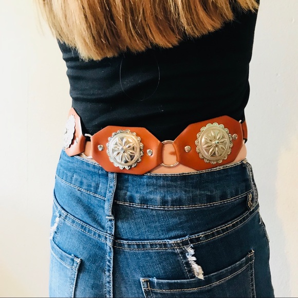 VINTAGE SOUTH WESTERN LEATHER HIGH WAIST BELT SILV - Picture 3 of 7